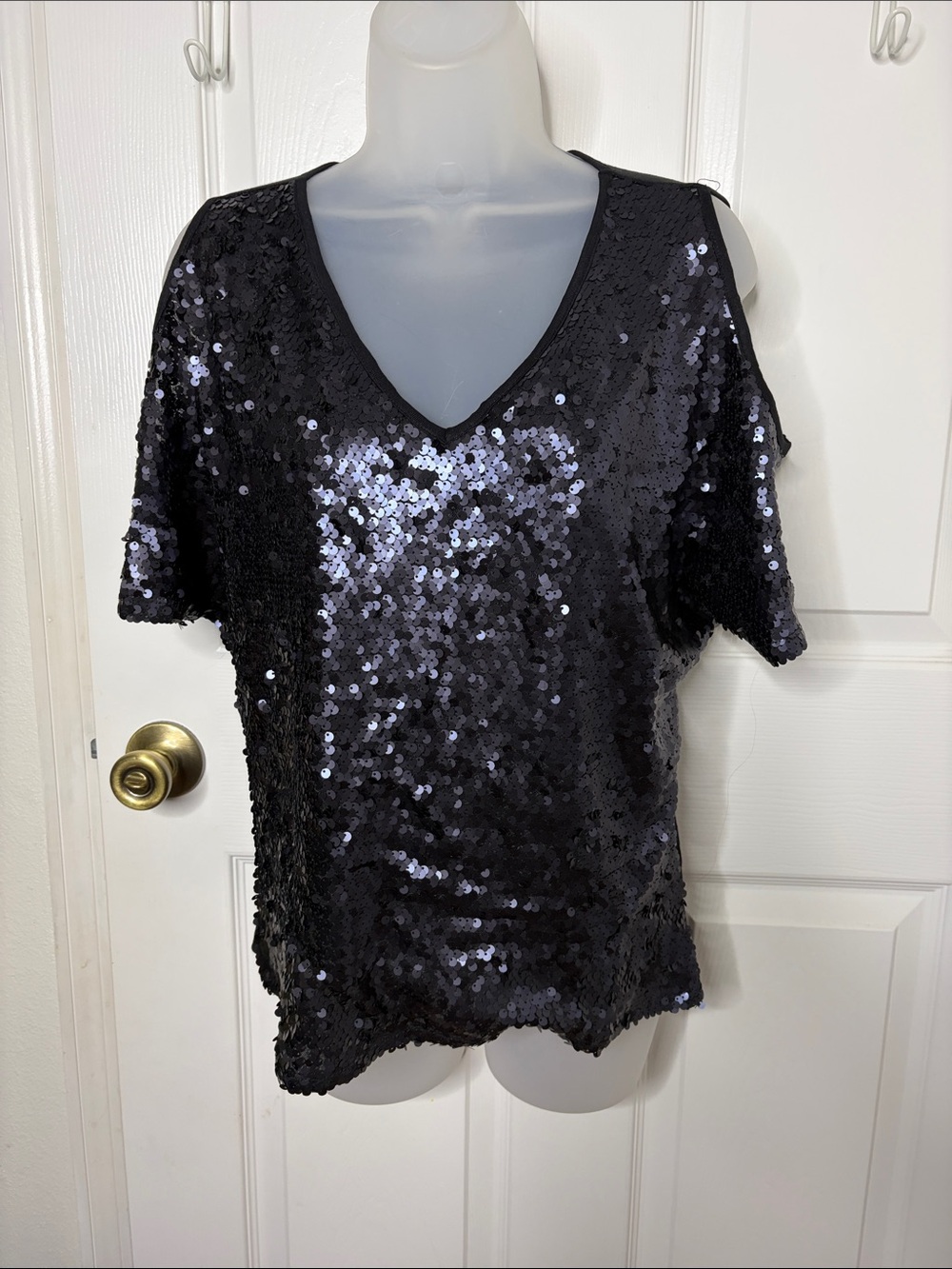 VENUS Black Sequin Cold-Shoulder V-Neck Top